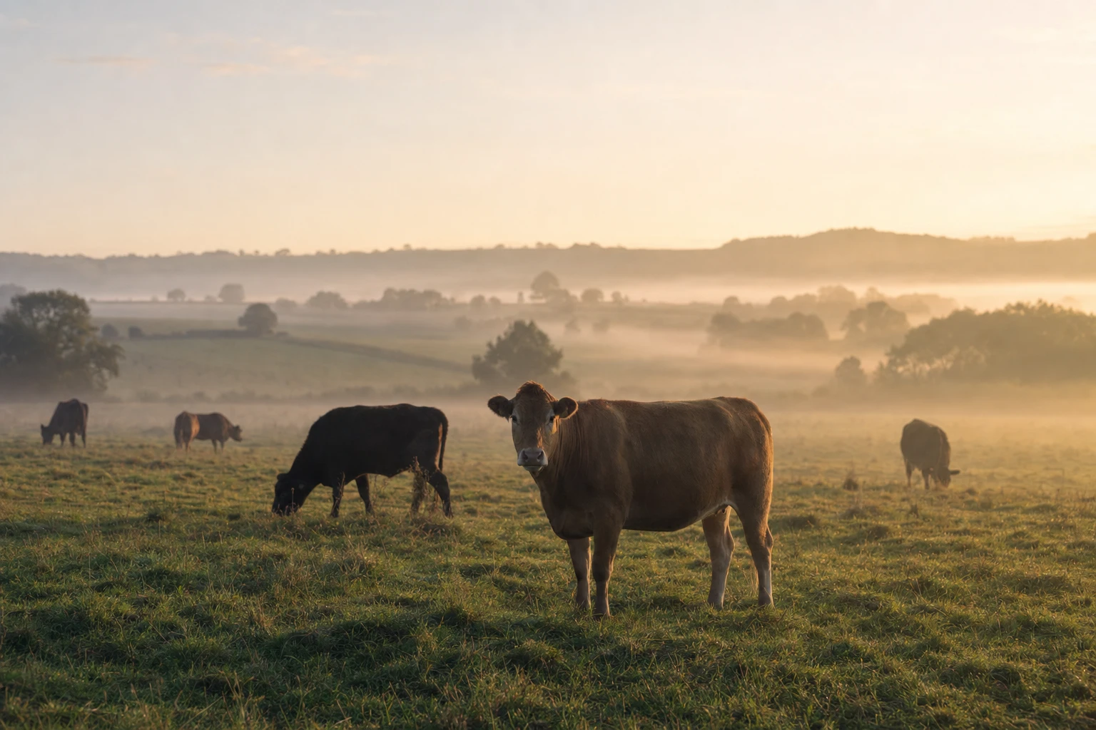 Early morning mist across rolling pasture with cows grazing