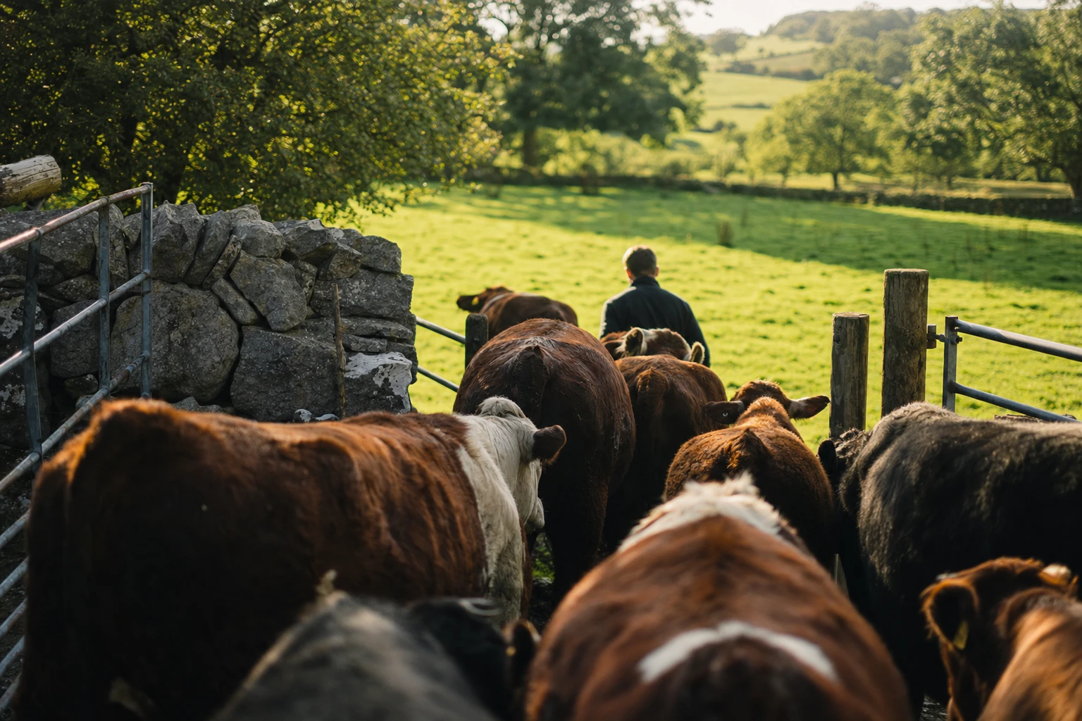 Cattle moving through a gate with green pasture beyond