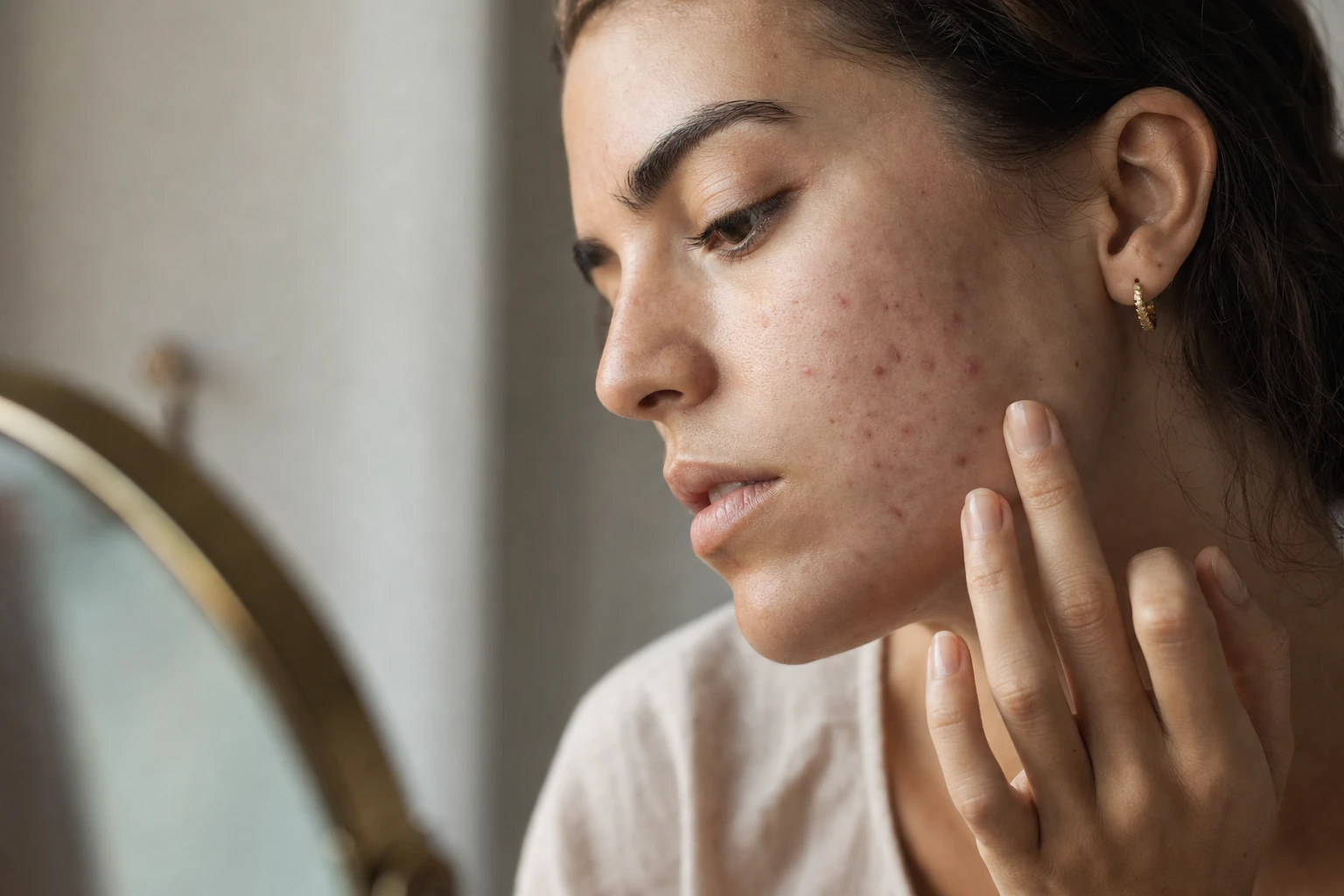 Skin showing texture and acne in natural light