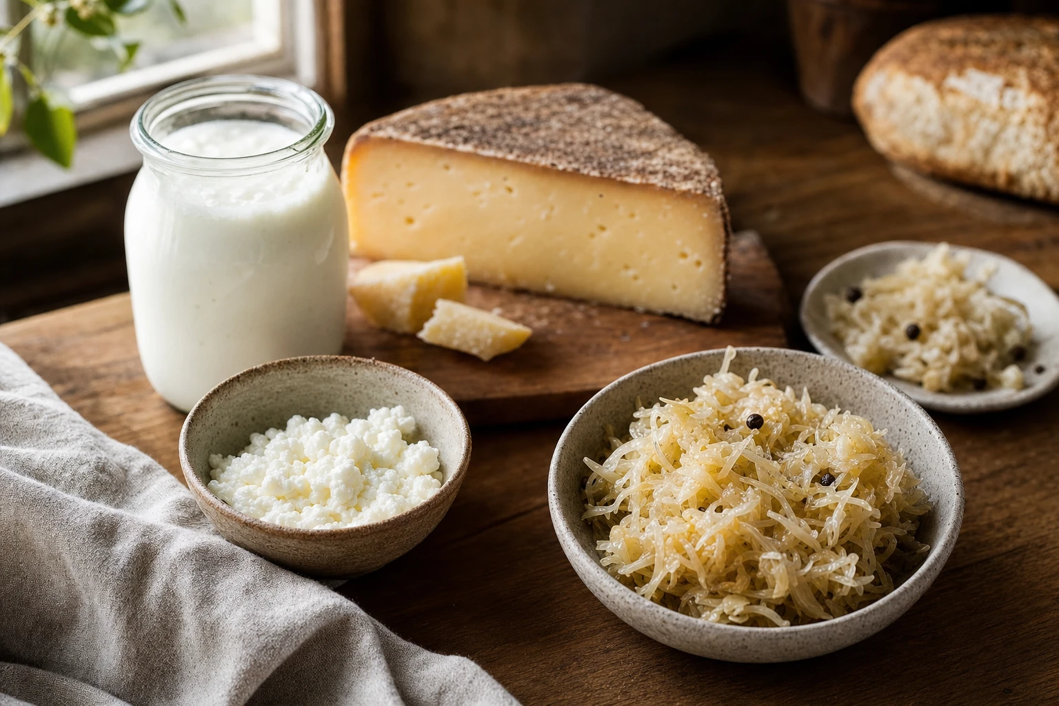 Selection of fermented foods, kefir, aged cheese, sauerkraut in bowls