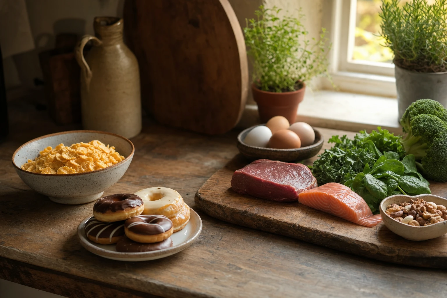 High-glycaemic foods and low-glycaemic alternatives side by side