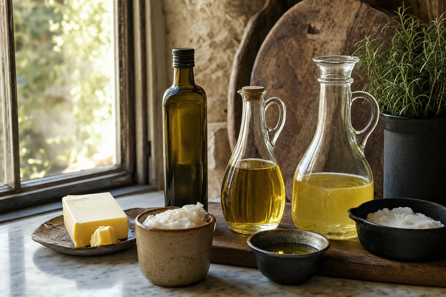 Bottles of cooking oils, seed oils, butter, olive oil, tallow