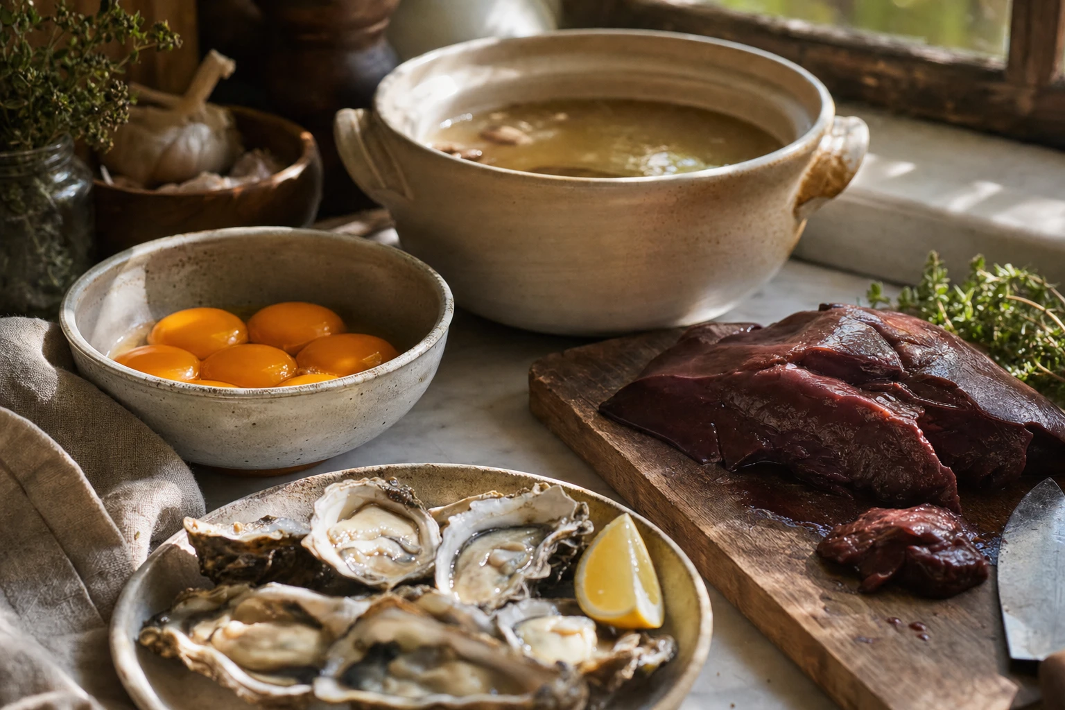 Nutrient-dense foods arranged, liver, egg yolks, oysters, bone broth