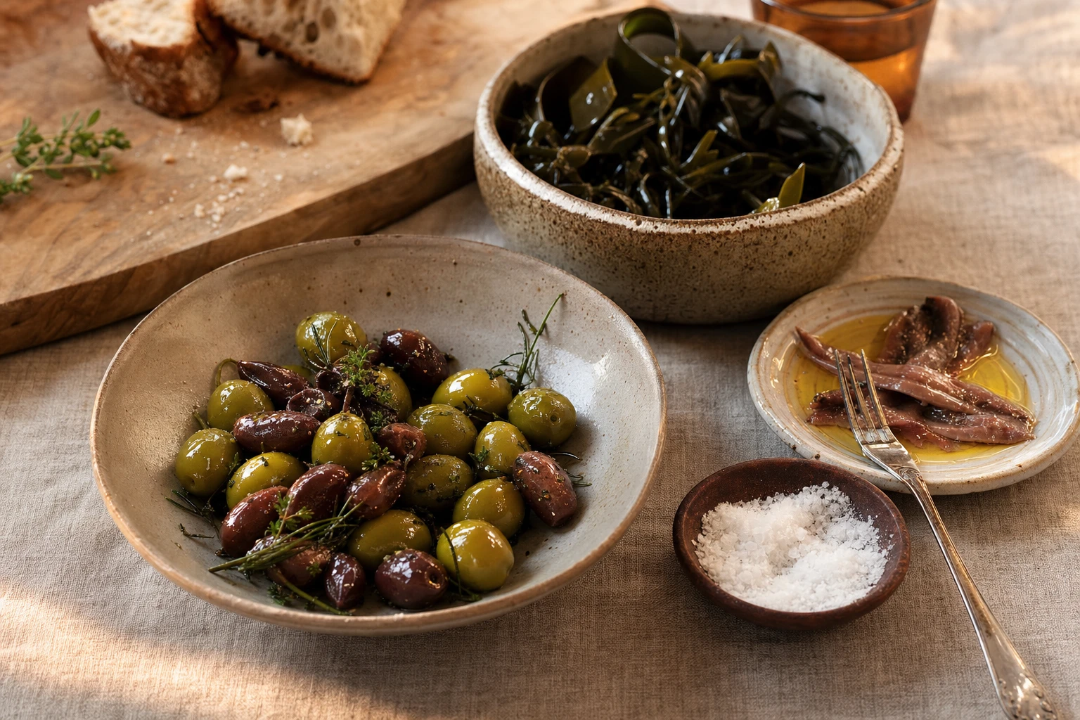 Sea salt and salty foods: olives, anchovies, seaweed