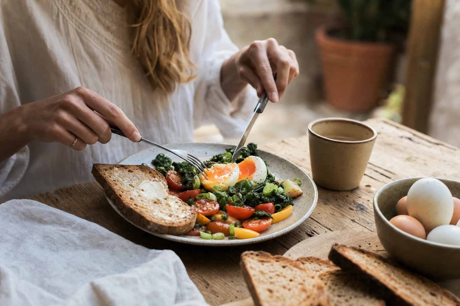 Balanced breakfast with eggs, vegetables, and whole grain toast