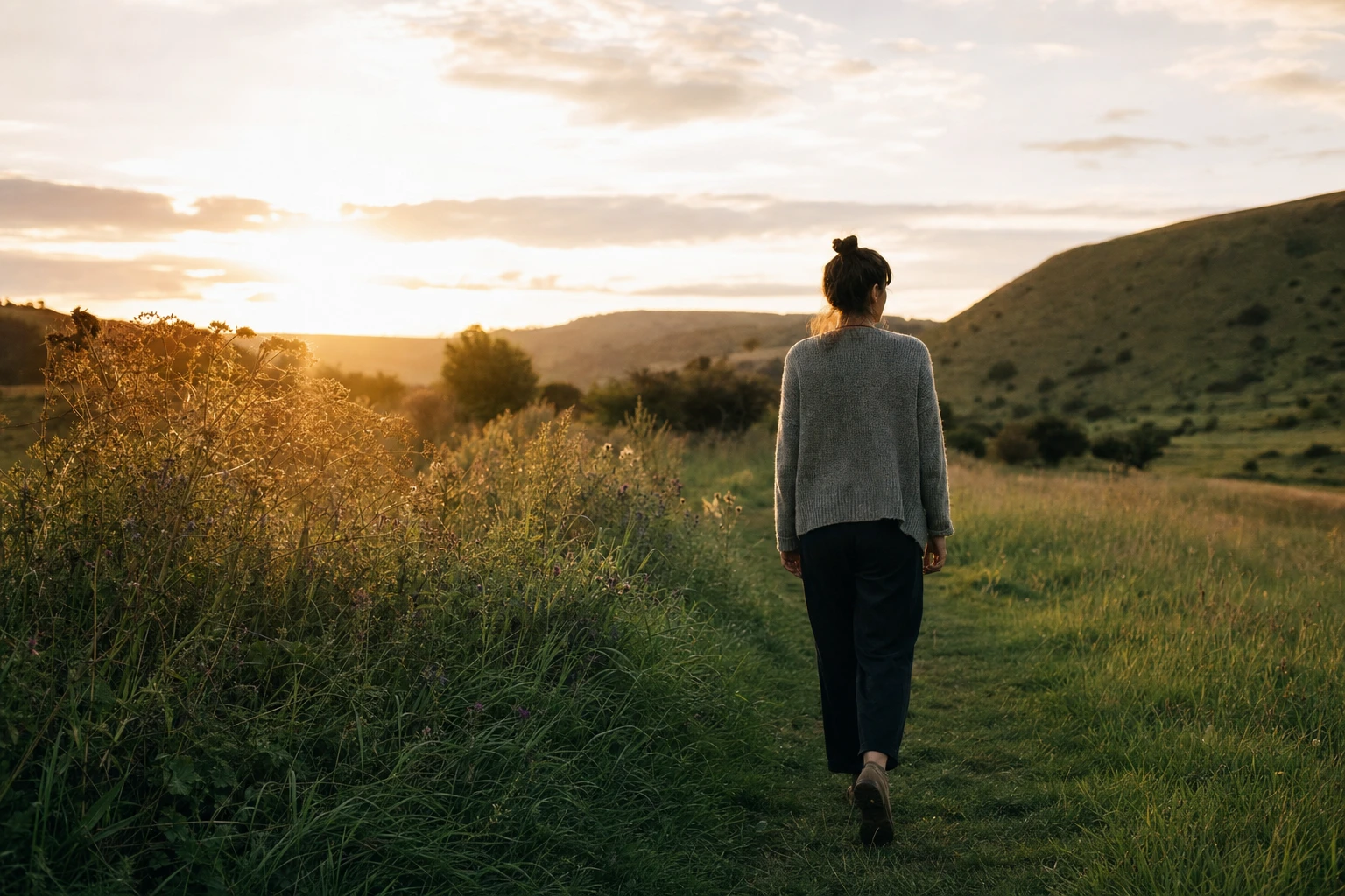 Person walking in nature, peaceful environment
