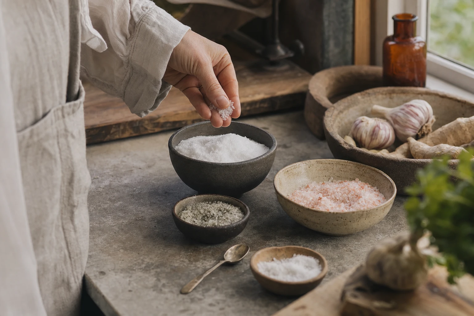 Sea salt crystals and mineral-rich salt varieties in bowls
