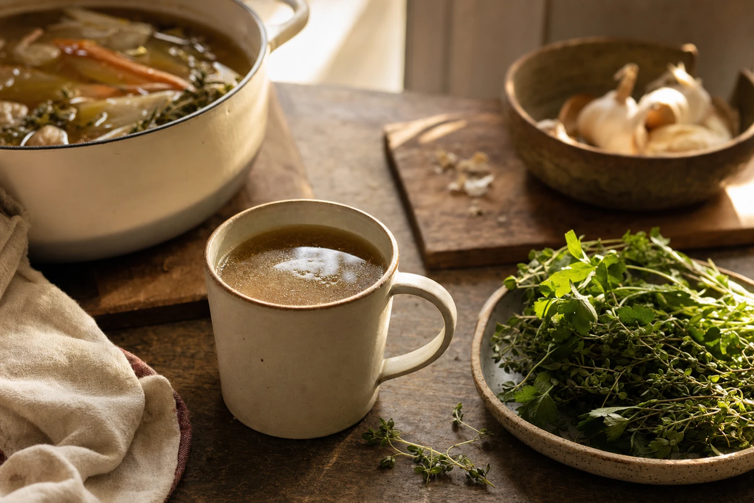 Bone broth in a mug, with fresh herbs nearby