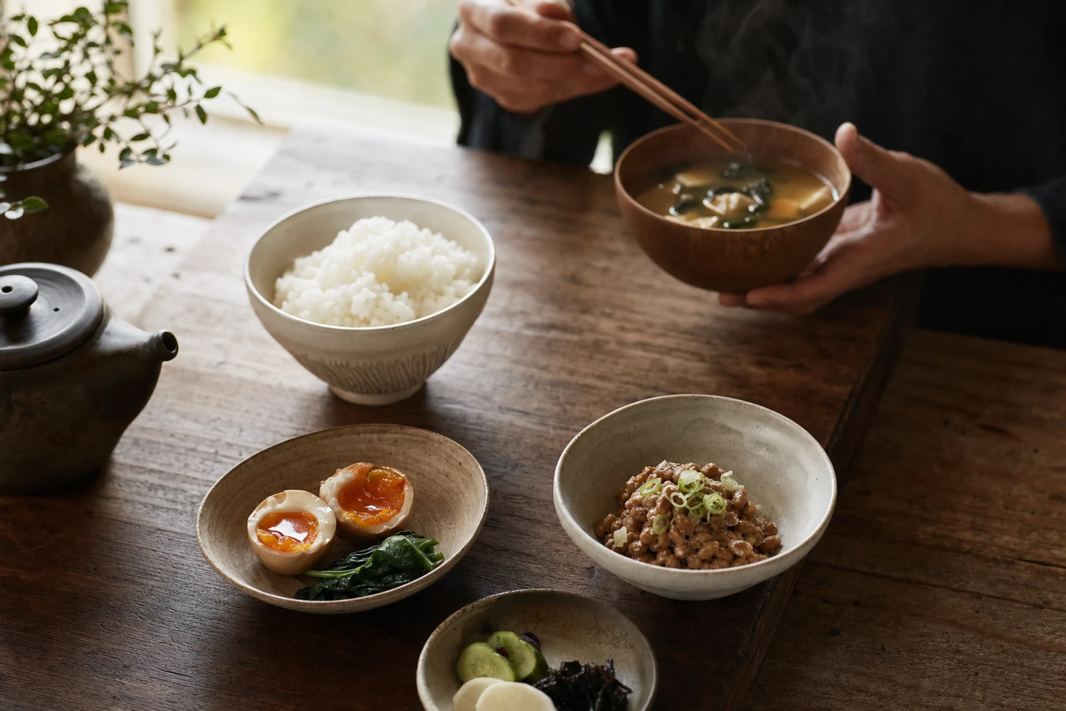 Japanese breakfast setting with rice, natto, miso soup, eggs