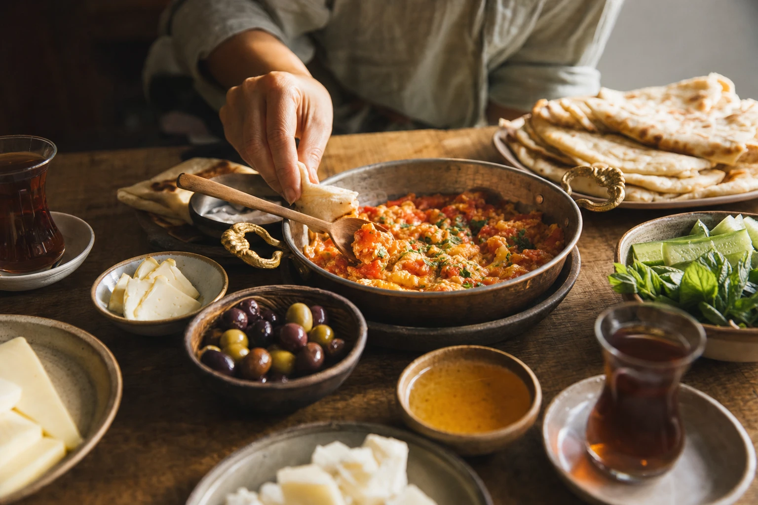 Turkish breakfast spread with menemen, cheese, olives, flatbread
