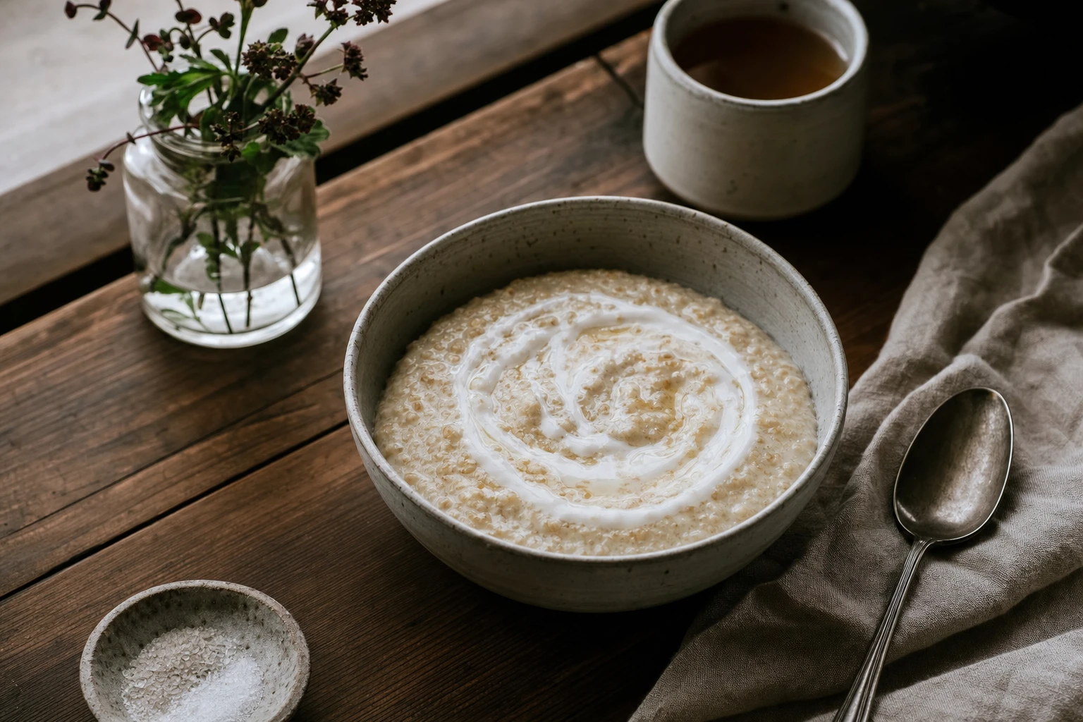 Bowl of creamy Scottish porridge with fresh cream swirl