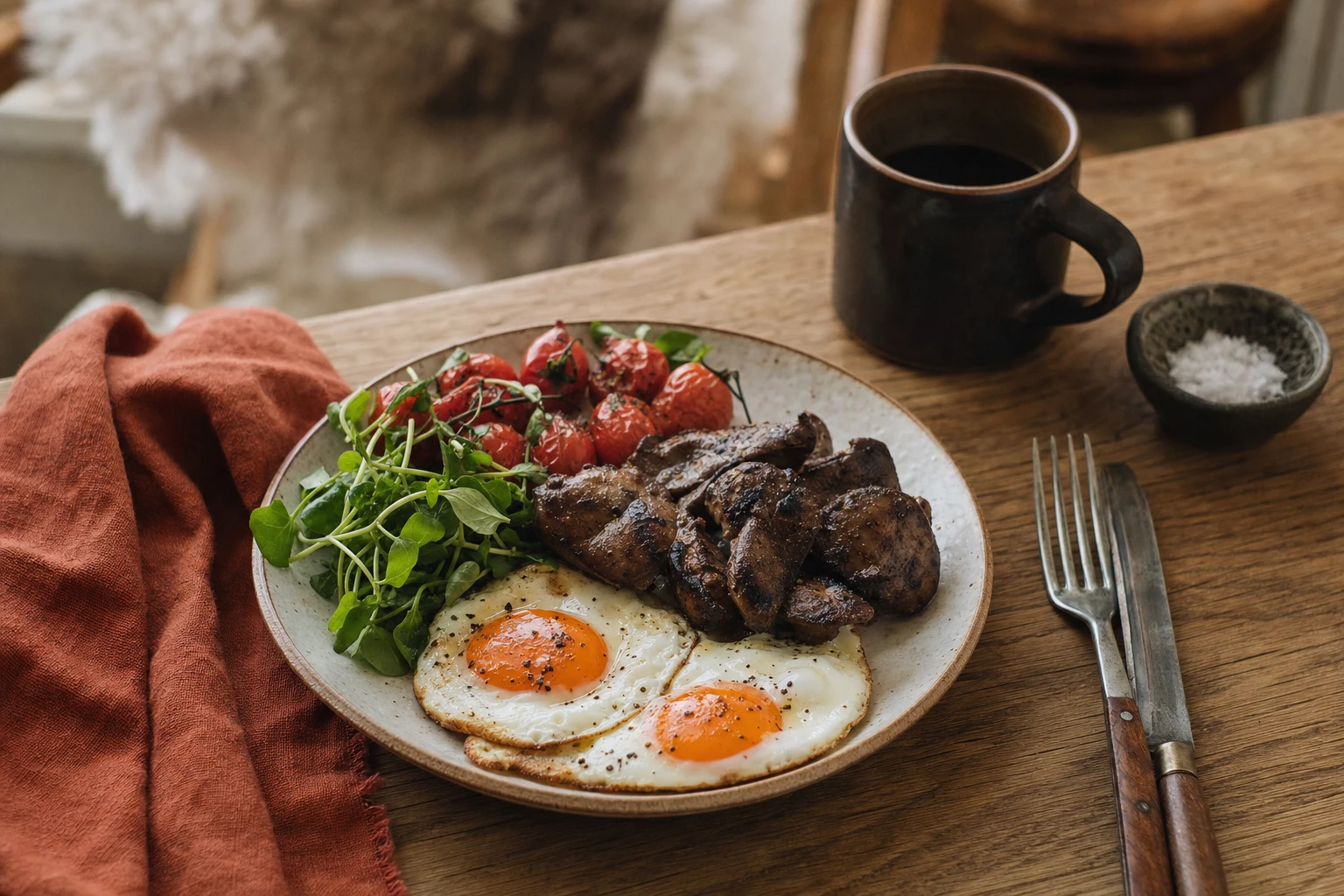 Grilled offal and eggs on a rustic plate