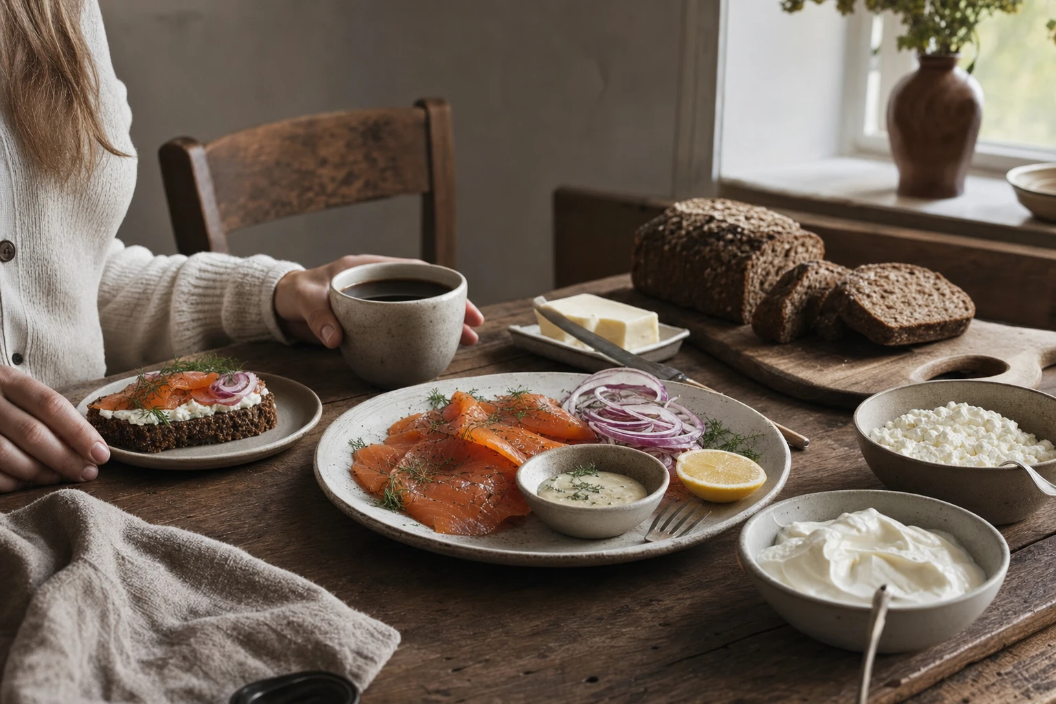 Scandinavian breakfast with smoked fish, rye bread, dairy