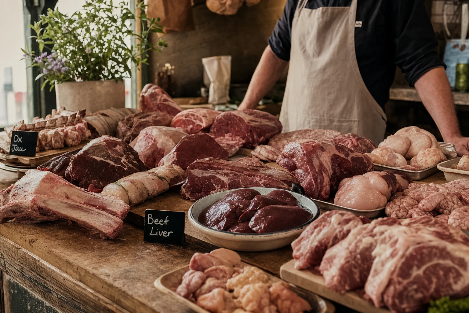 A butcher counter displaying nose-to-tail cuts, organs, and traditional British meat selections