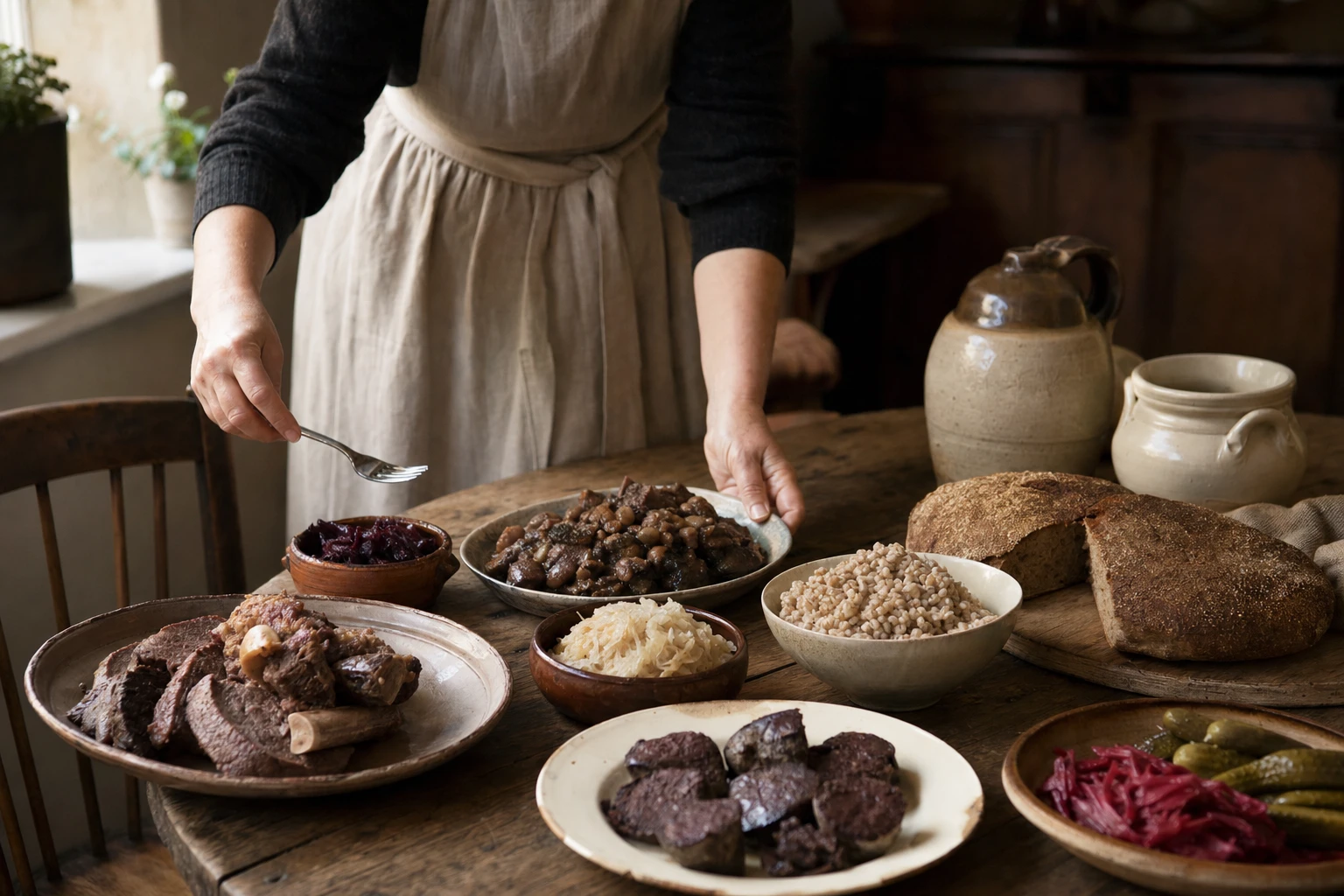 A historical UK kitchen table from the 1920s-1940s with traditional British foods: offal, preserved vegetables, whole grains