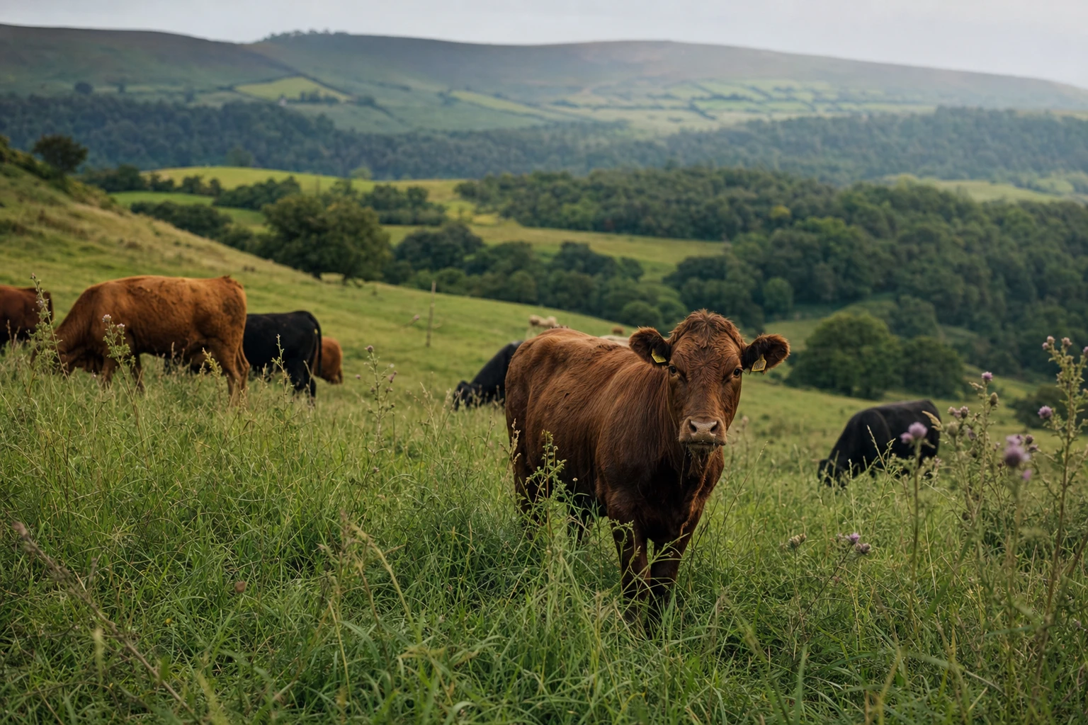 A UK regenerative farm with cattle grazing on diverse pasture, hills in the background