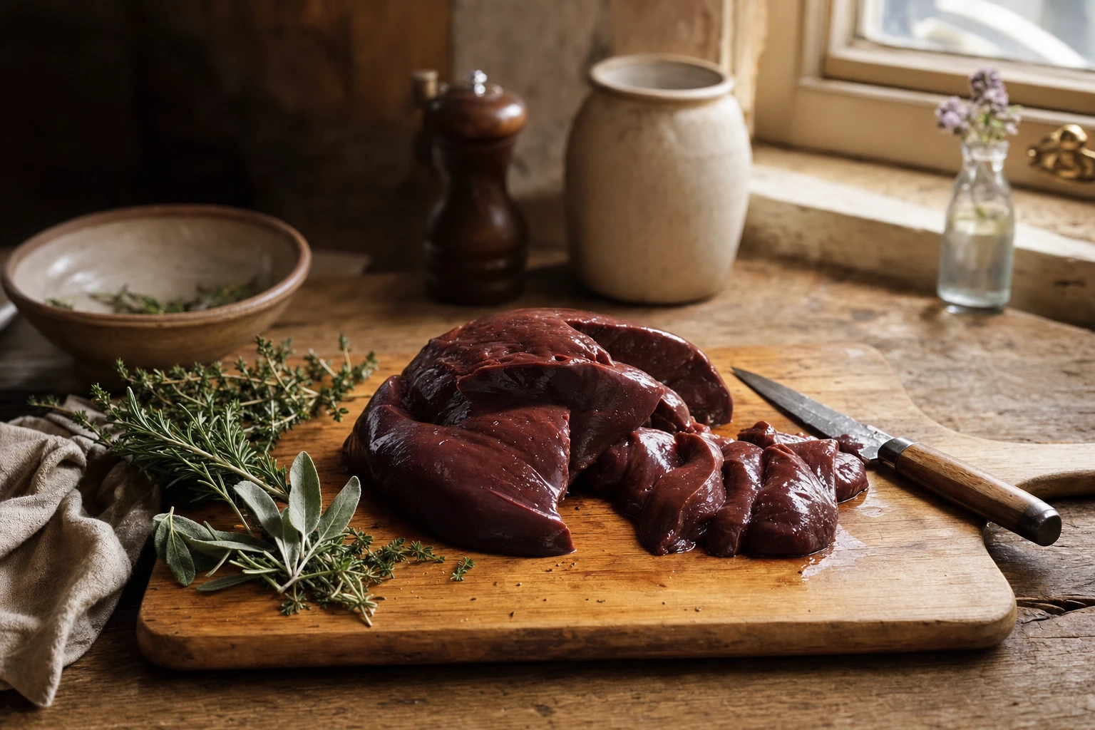 Liver on a cutting board with herbs
