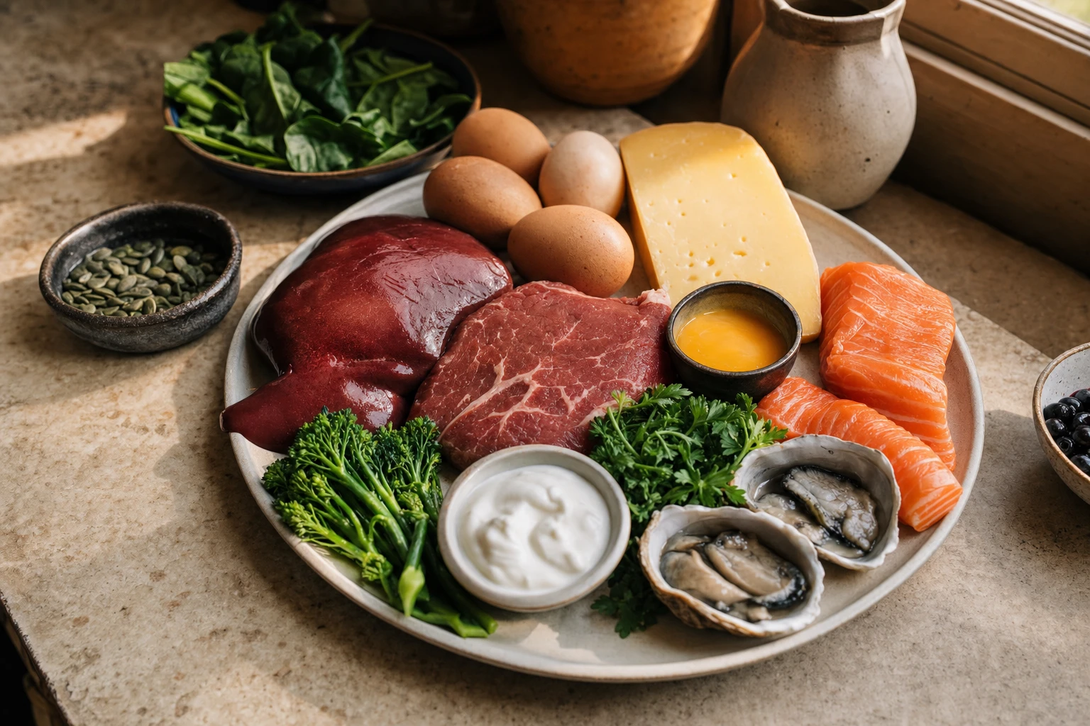 Variety of fertility-supporting foods arranged on a plate