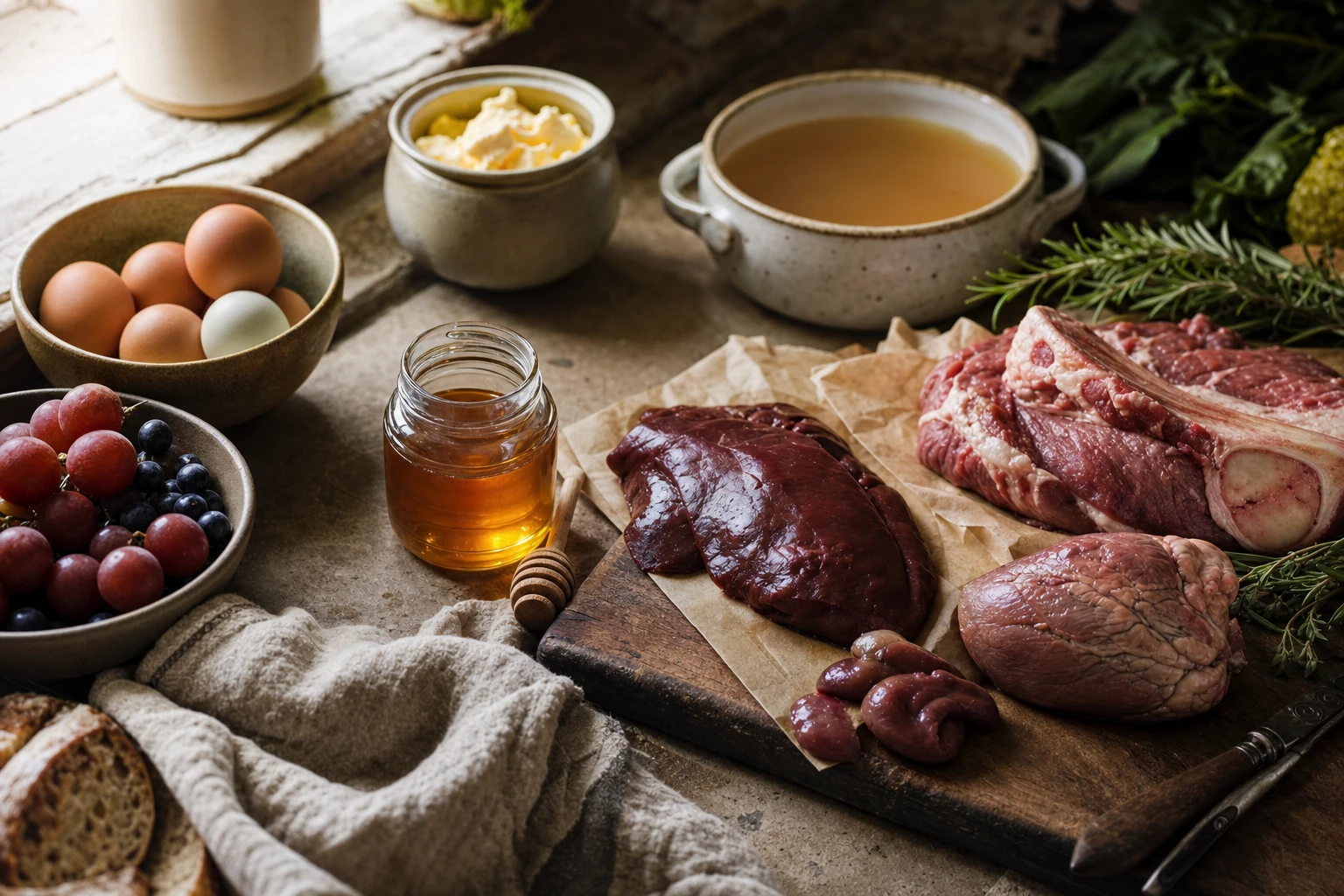 Spread of nose-to-tail<sup><a href="#ref-2">2</a></sup> foods, organs, eggs, honey, fruit, bone broth, butter