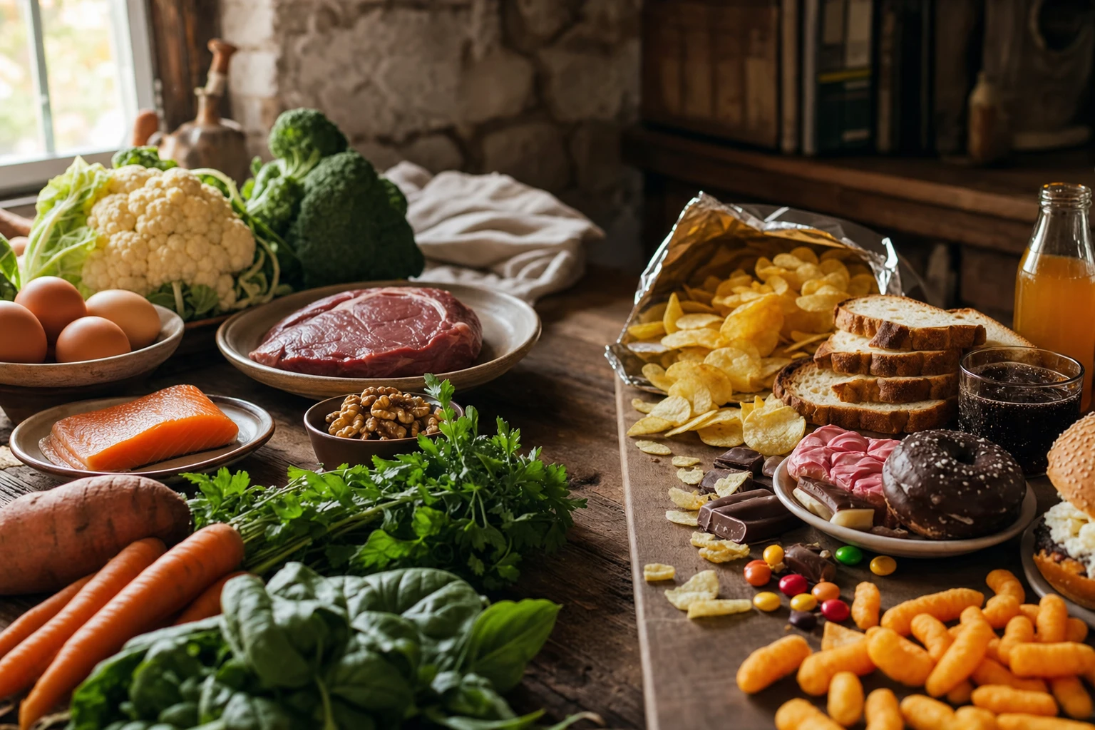 Ultra-processed food on one side, whole foods on the other