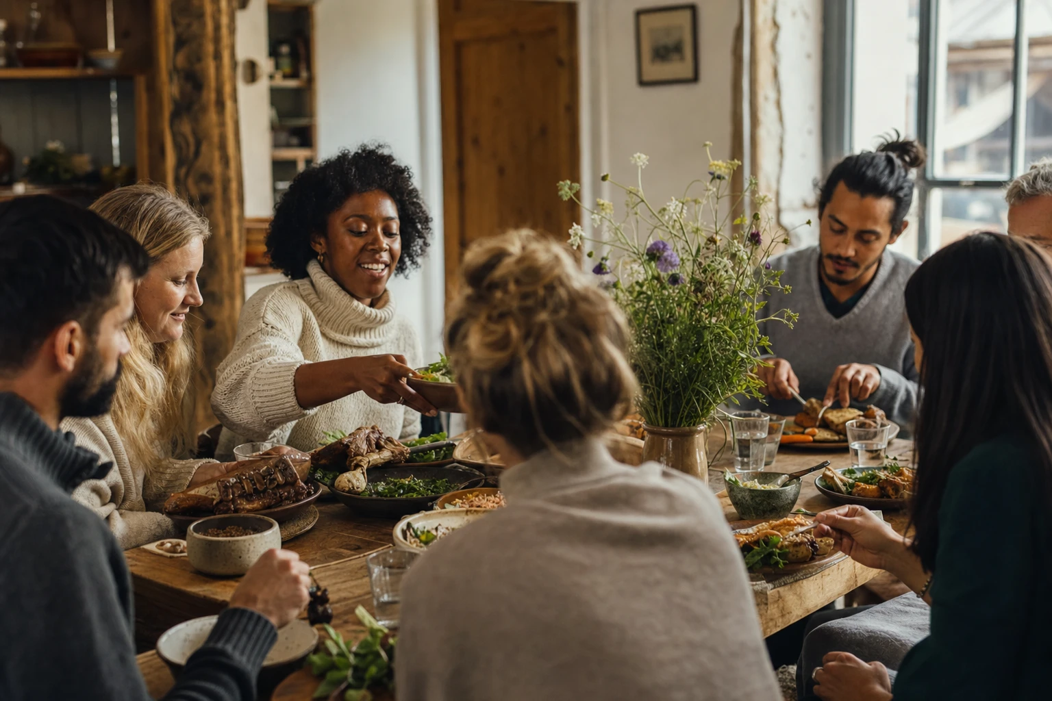 A community gathering around food, diverse people eating together