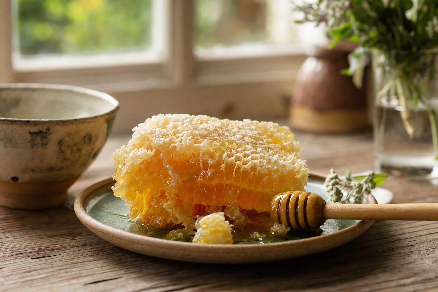 Raw honey comb with enzyme crystals