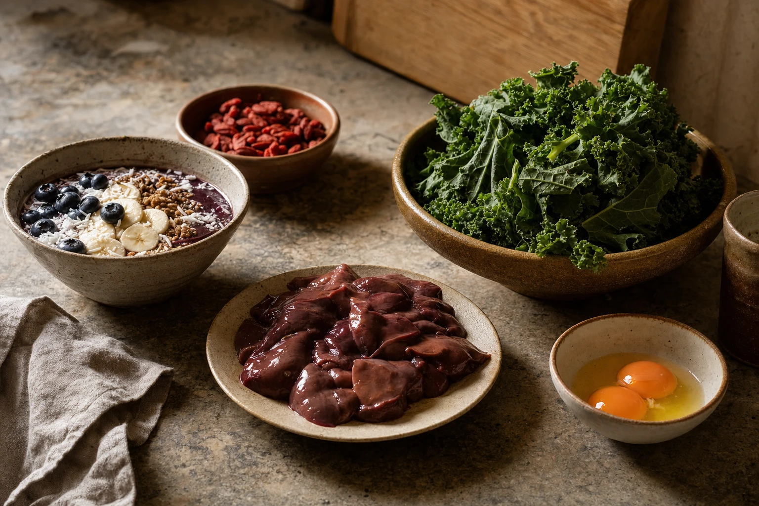 Comparison of acai bowls, goji berries, kale, and liver on a rustic surface