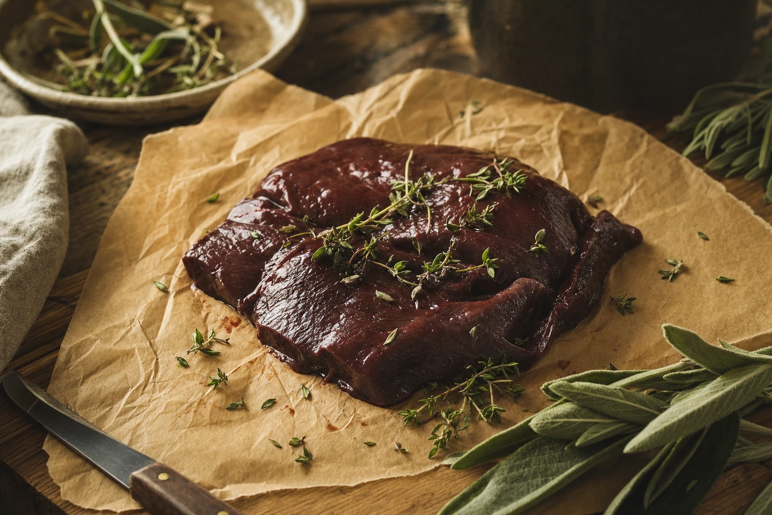 Raw liver on butcher paper with herbs