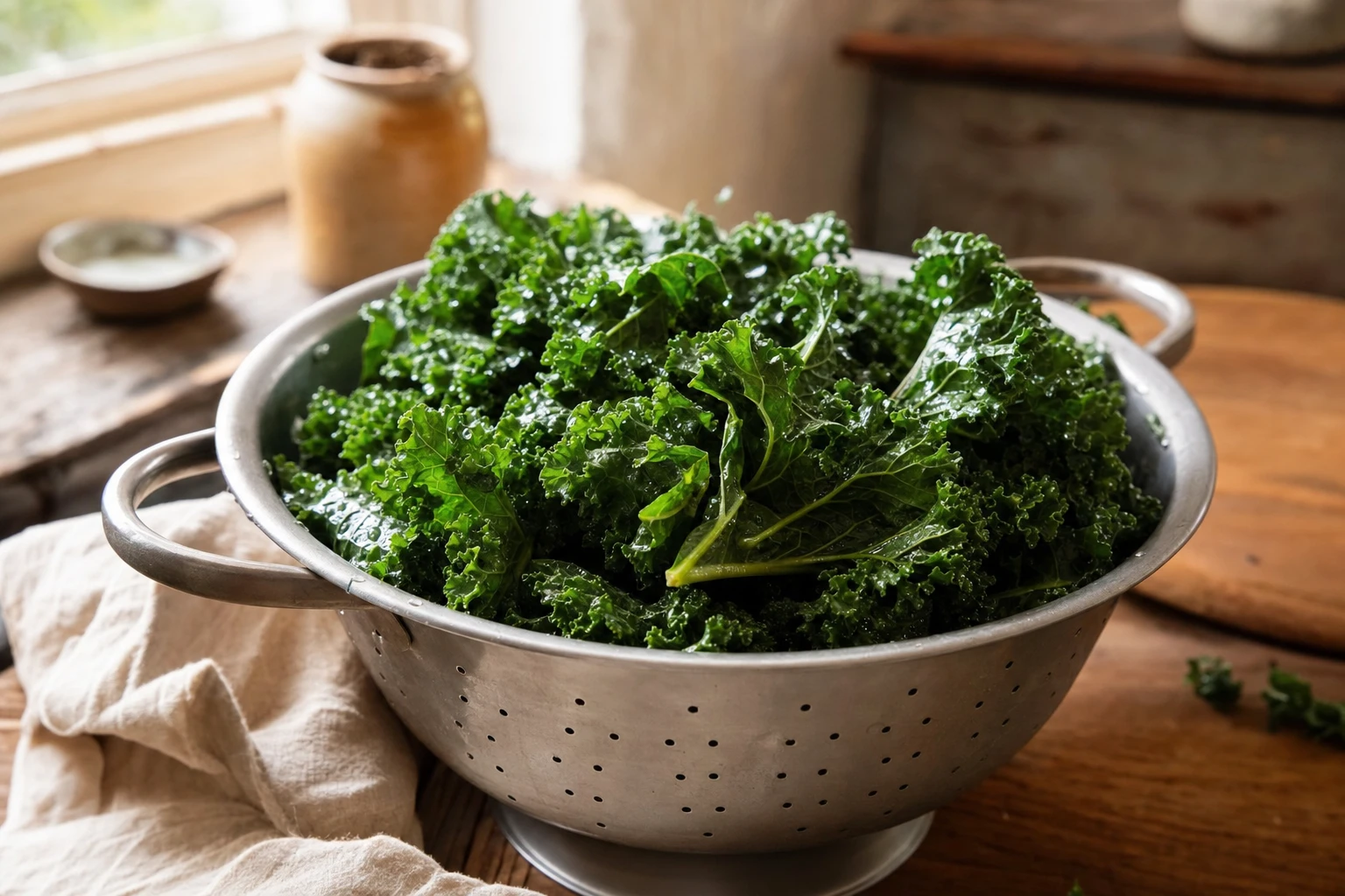 Fresh kale leaves in a colander