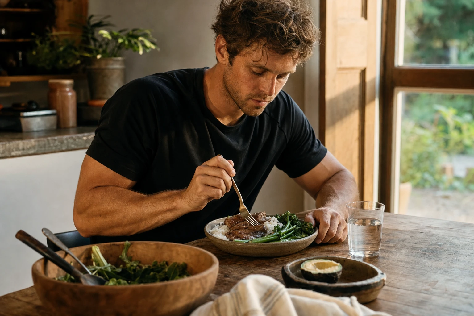 Athlete eating post-workout: rice, protein, vegetables