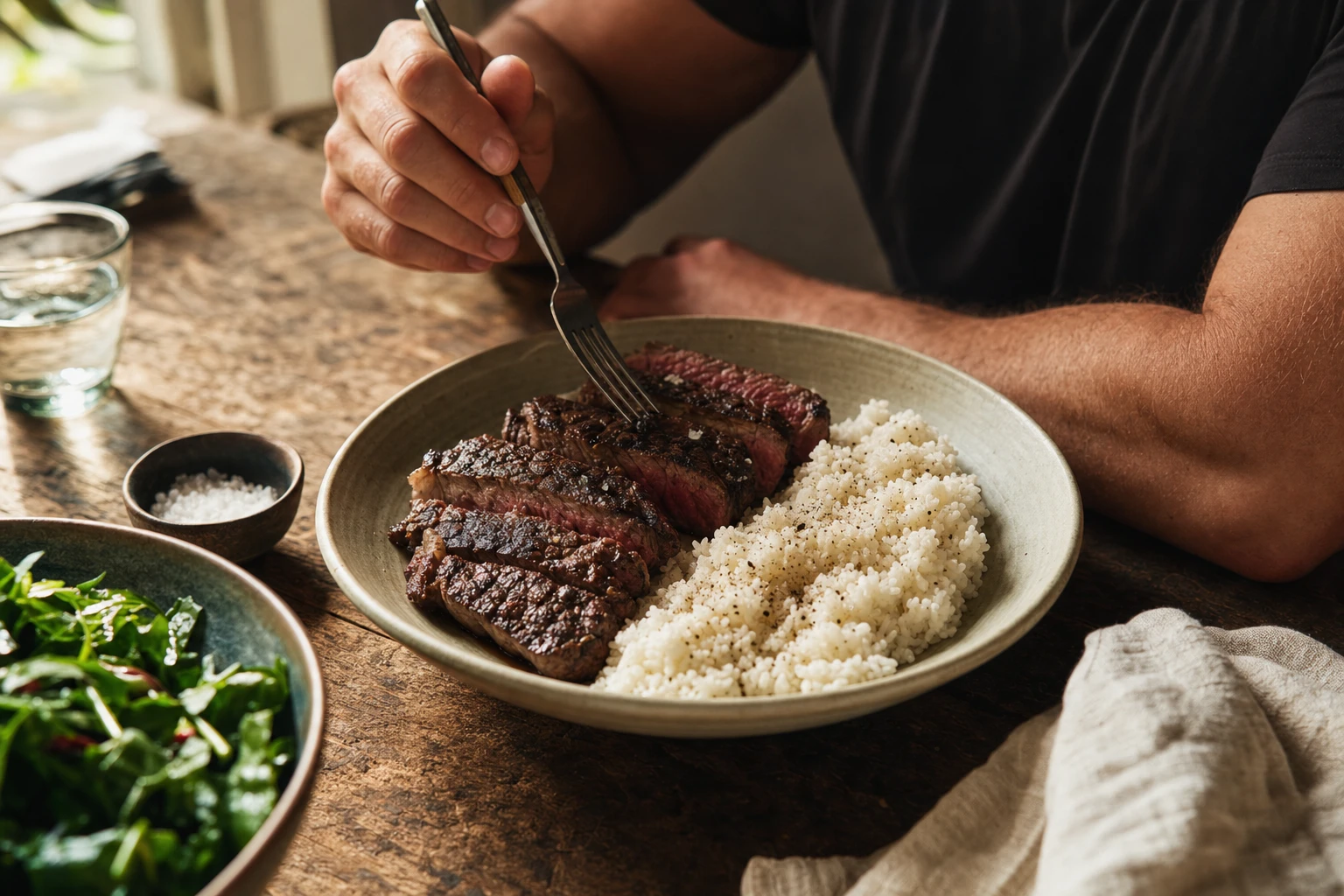 Steak and white rice, emphasising complete meal composition