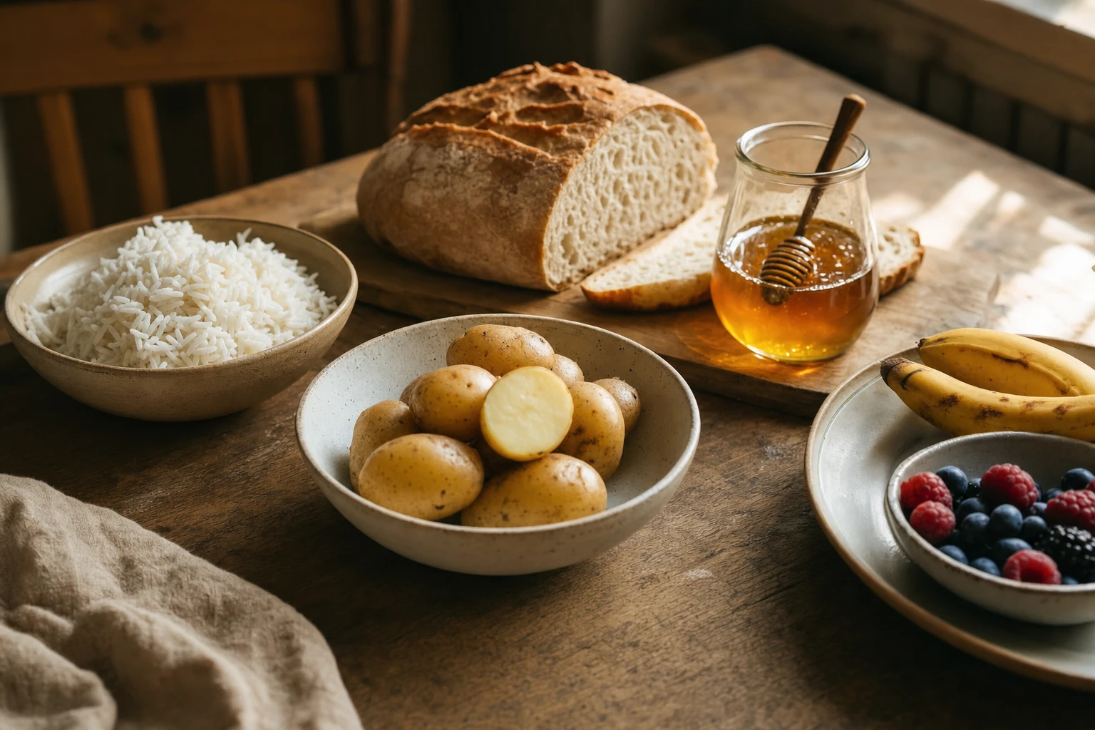 Various carbohydrate sources: white rice, potatoes, white bread, honey, fruit