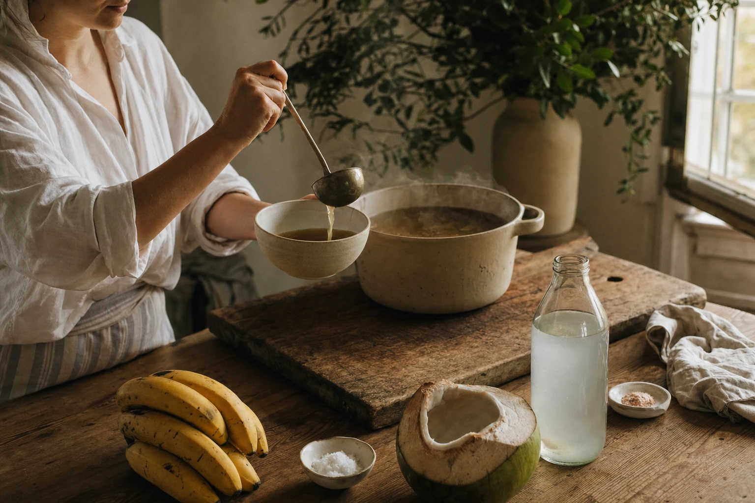 Electrolyte sources: bone broth, sea salt, bananas, coconut water, salt