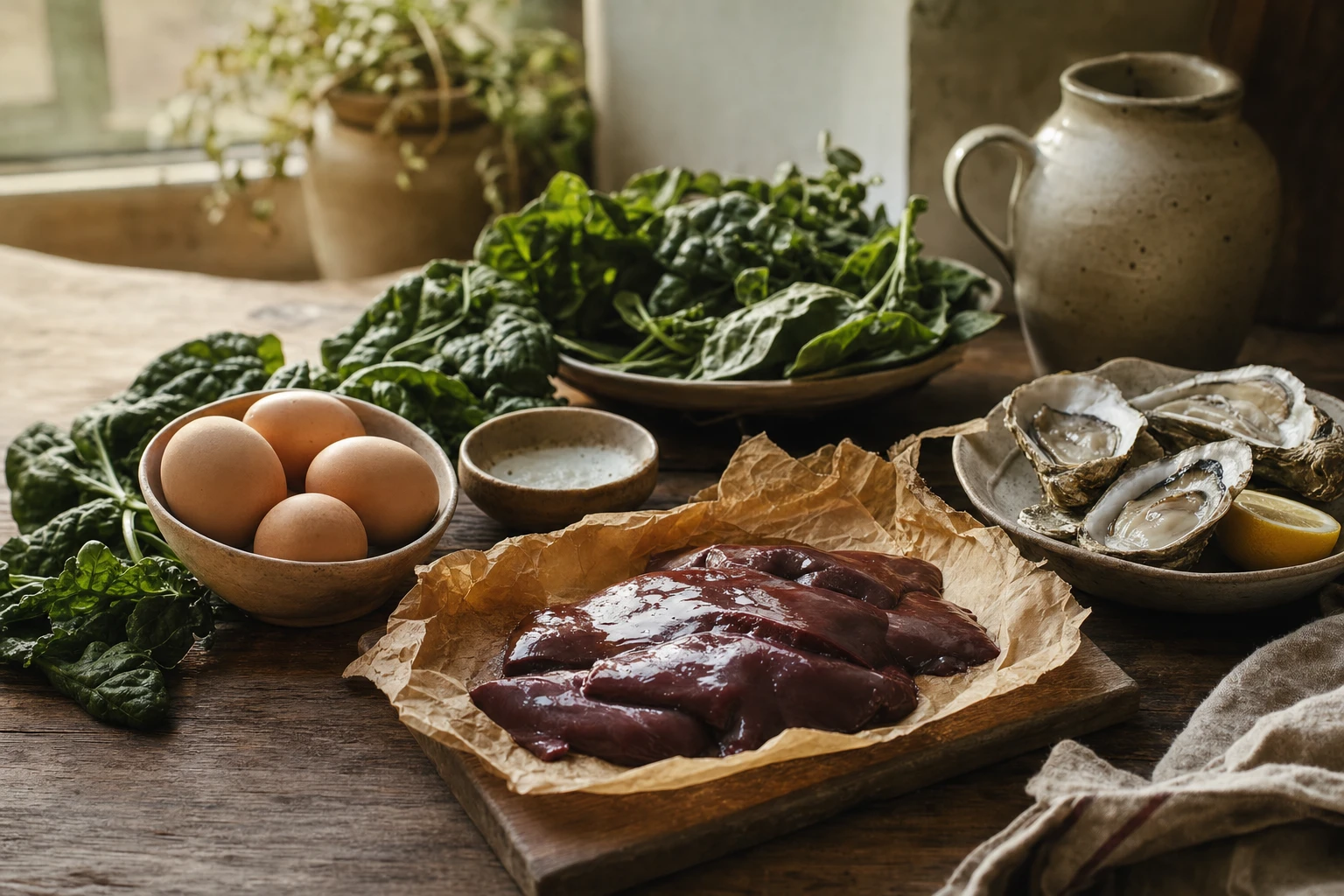 Organ meats and nutrient-dense foods: liver, oysters, eggs, dark leafy greens