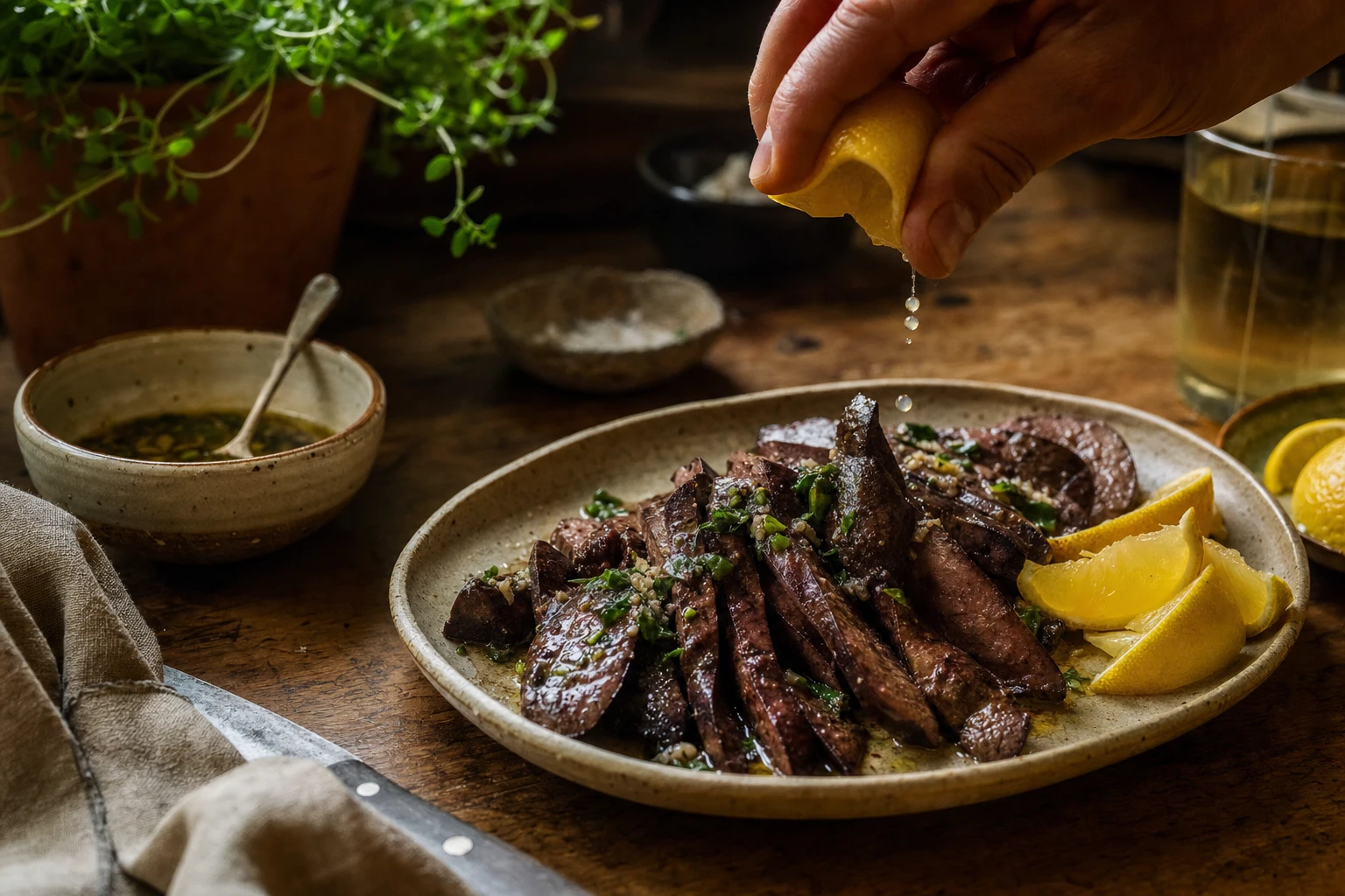 Sliced liver with herbs and lemon
