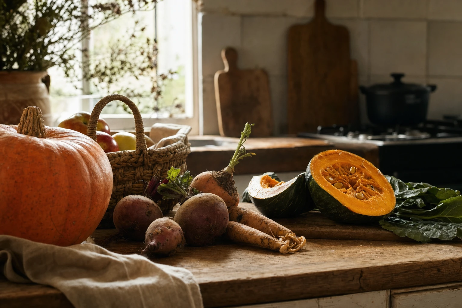 Autumn harvest with squash, apples, root vegetables