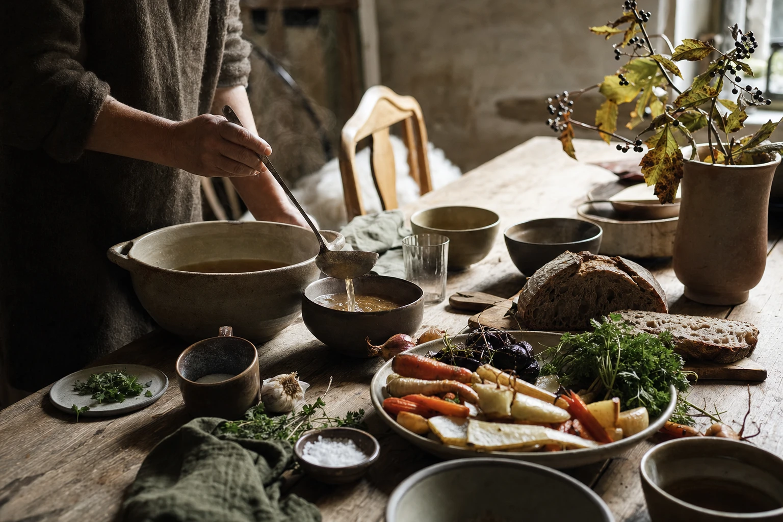 Setting with bone broth, root vegetables, herbs, and bread
