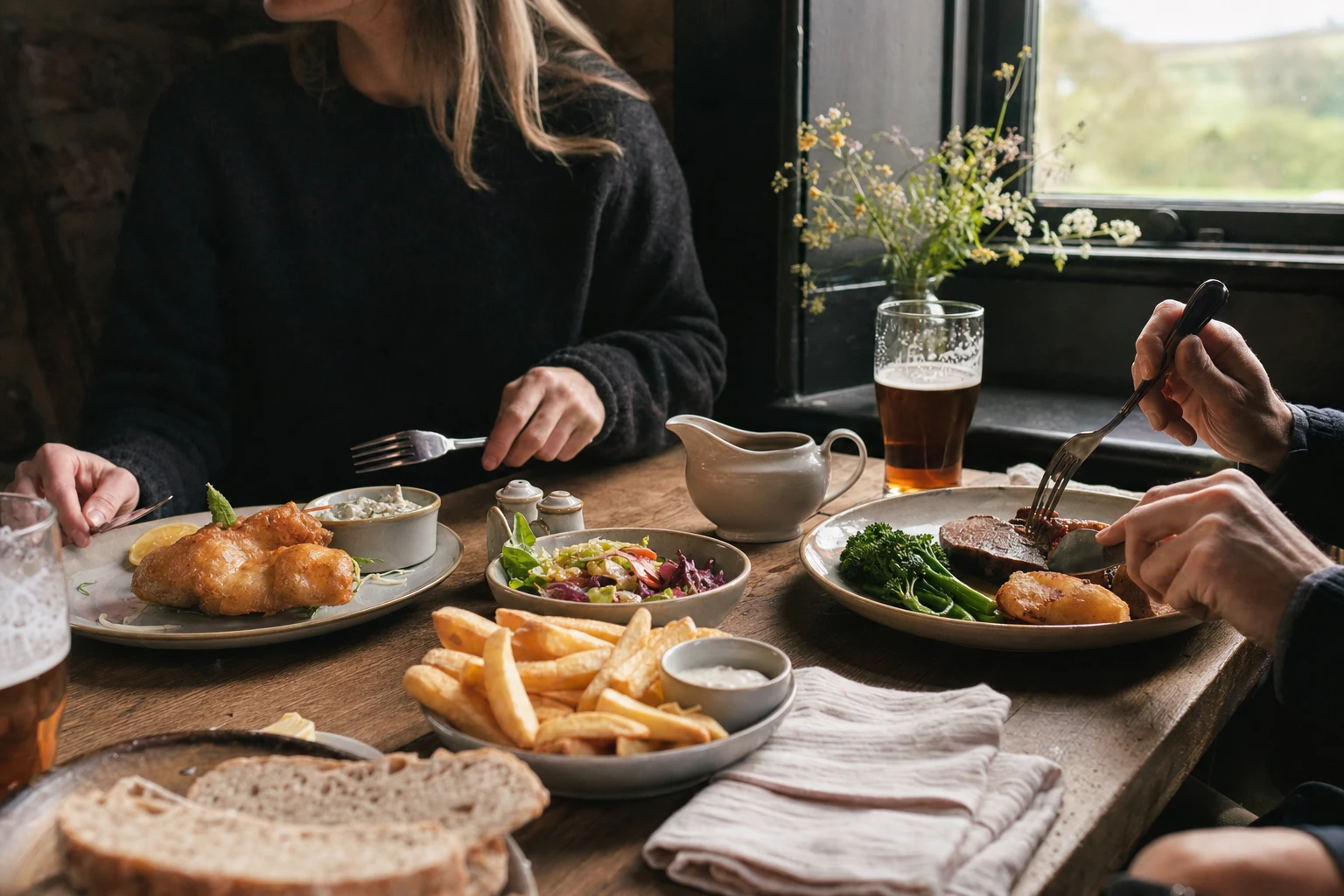 Pub lunch setup, British countryside, mixed foods