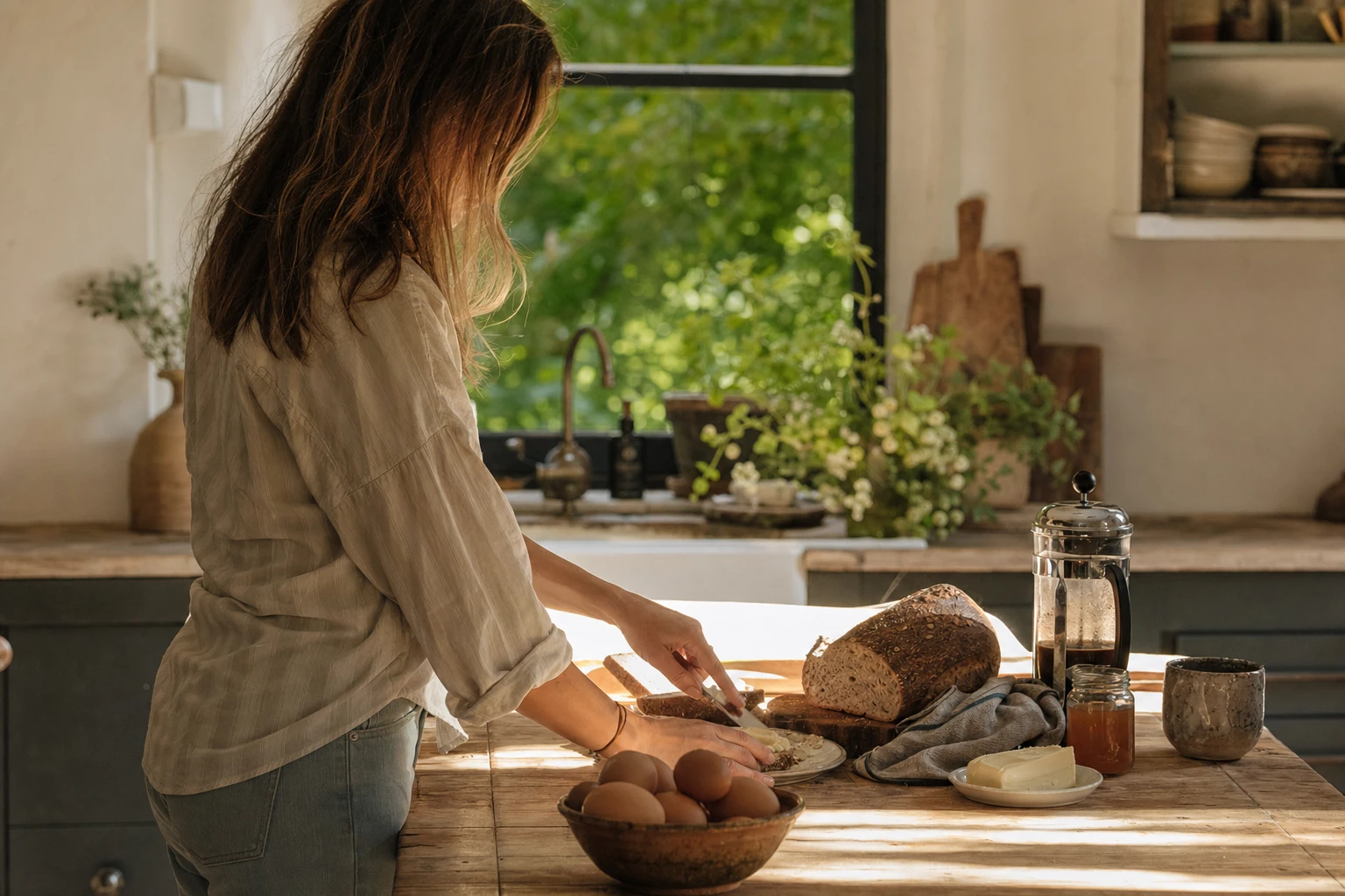 Breakfast being prepared after time away, return to routine