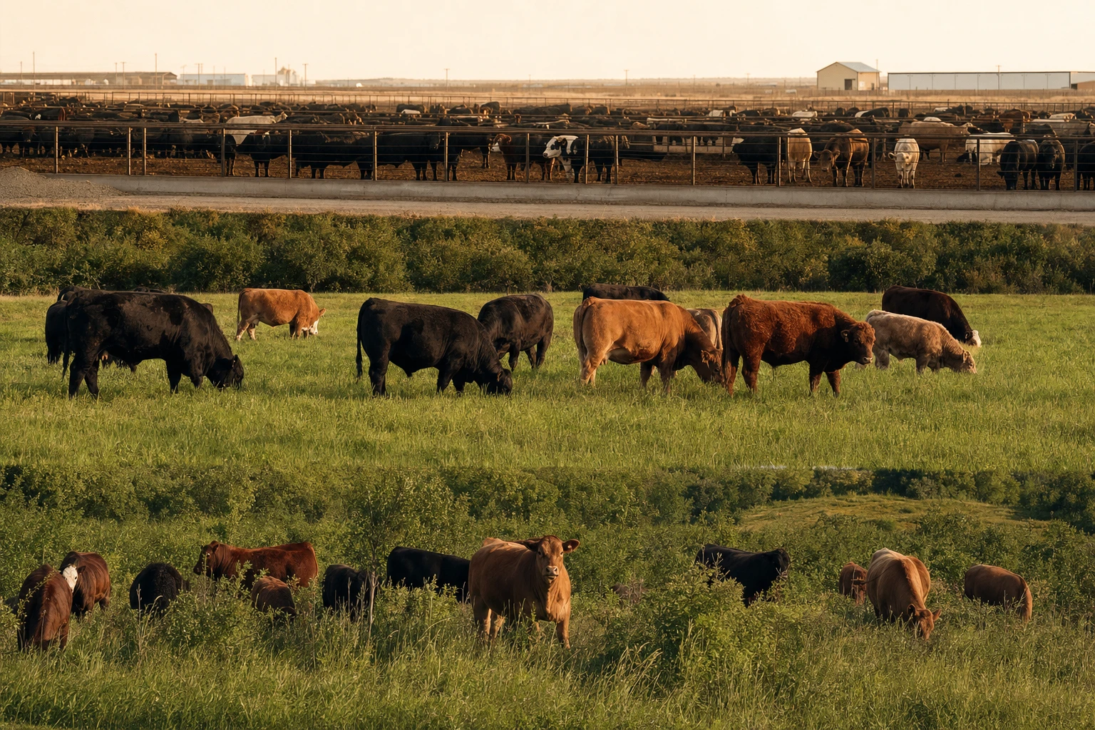Three beef cattle: grain-fed in feedlot, grass-fed on pasture, regenerative rotational grazing