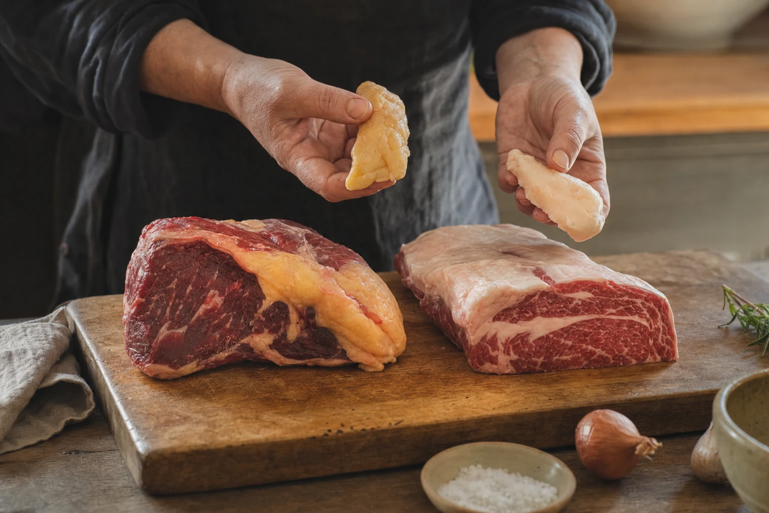 Side-by-side comparison of grass-fed (yellow-tinged) and grain-fed (pale) beef fat