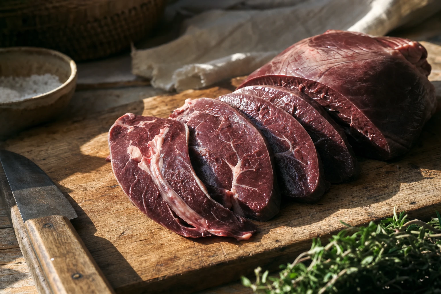 Beef heart sliced showing colour and marbling