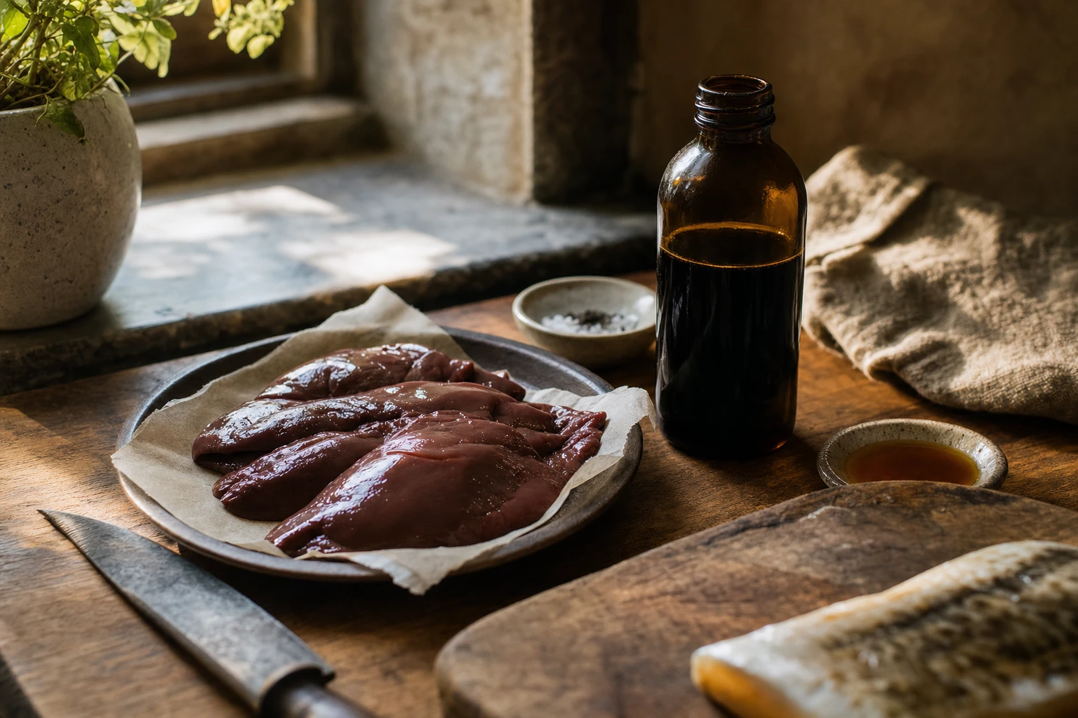 Raw beef liver next to bottle of cod liver oil