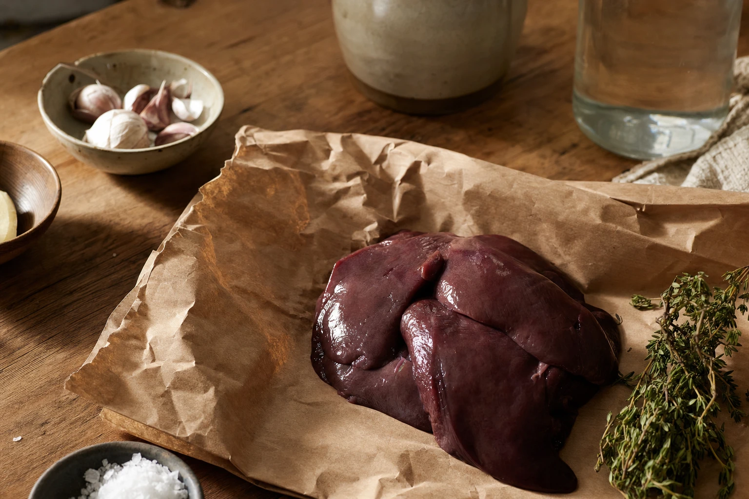 Beef liver on butcher paper next to multivitamin bottle