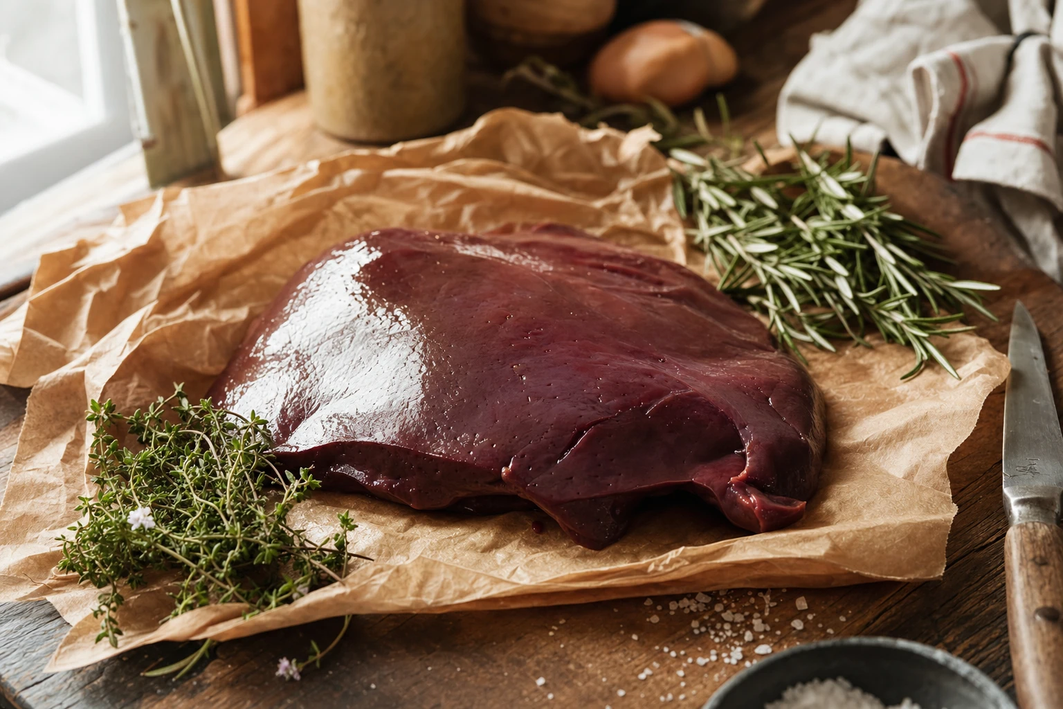 Raw beef liver on butcher paper with fresh herbs