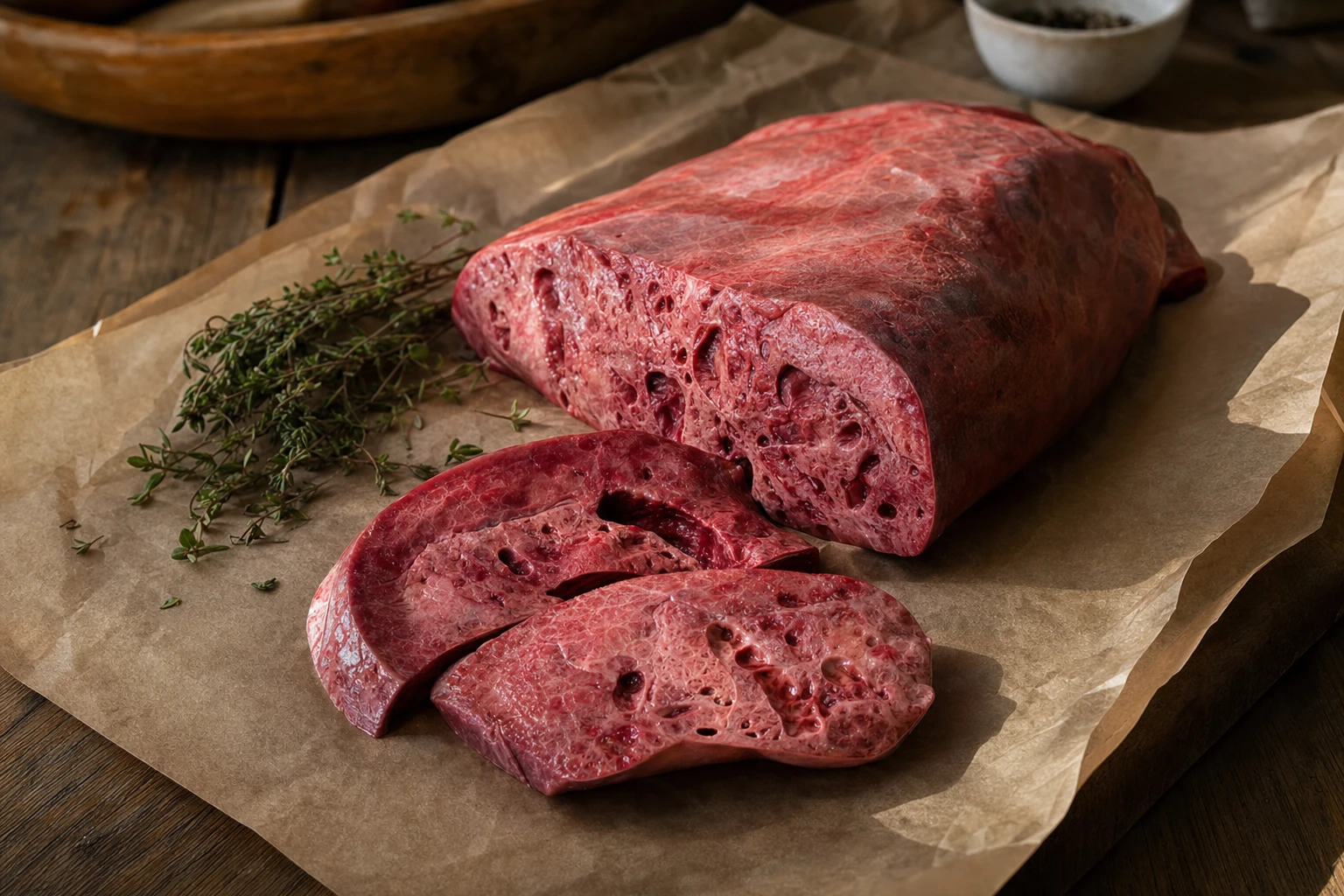 Cross-section of beef lung on butcher paper with herbs