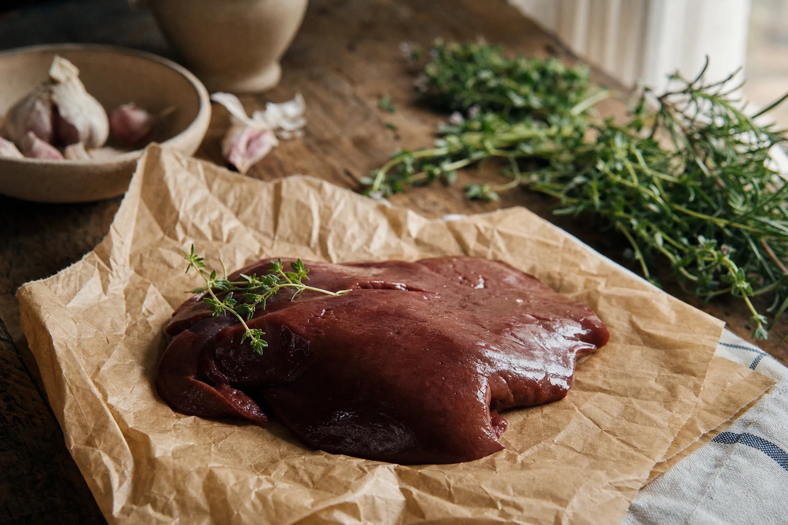 Beef liver on butcher paper with herbs