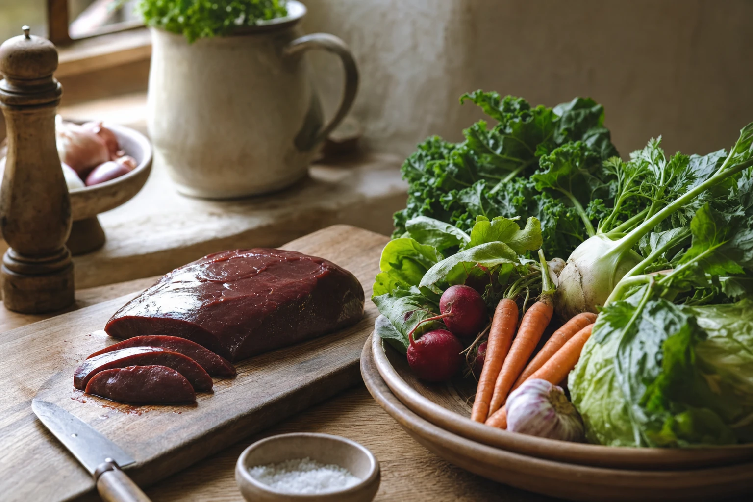 Beef liver pills and fresh vegetables side by side