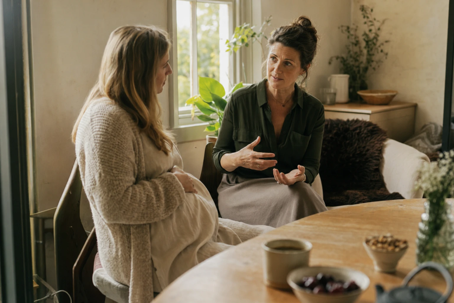 Pregnant woman consulting with midwife