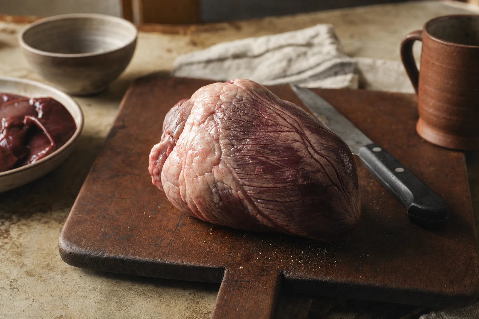 Beef heart on a butcher board